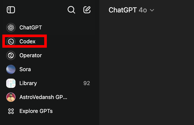 Open ChatGPT → “Codex” sidebar
